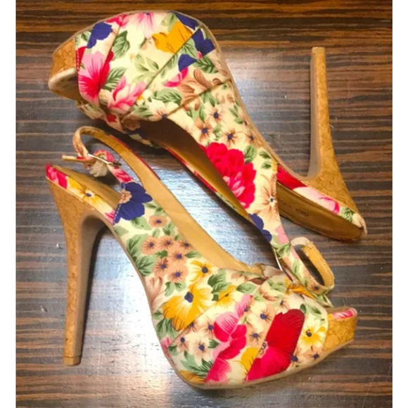 Forever 21 Canvas Floral Peep Toe Platform Cork Heels Size 9 - Picture 3 of 10